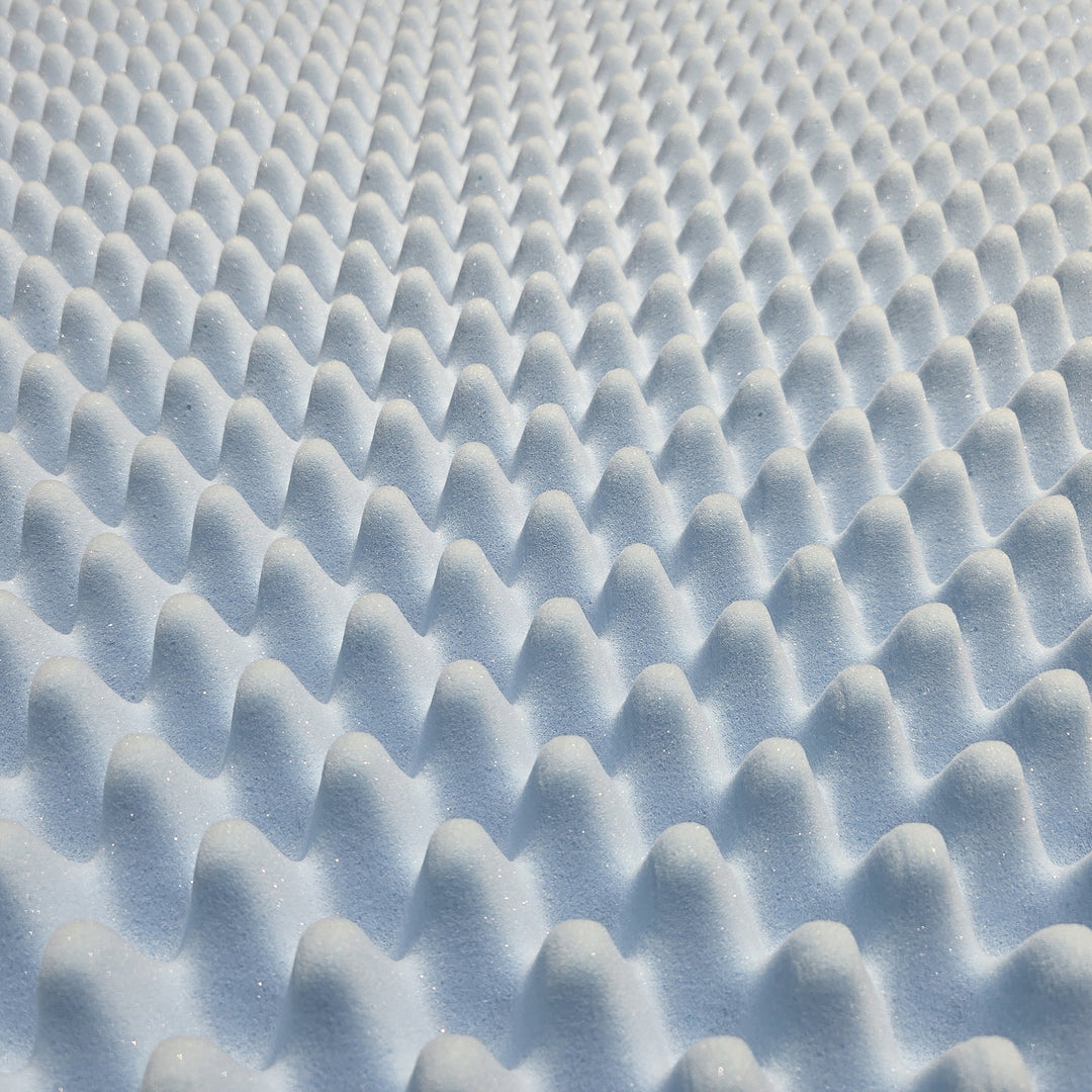 Close-up of blue convoluted egg crate foam surface texture and airflow channels