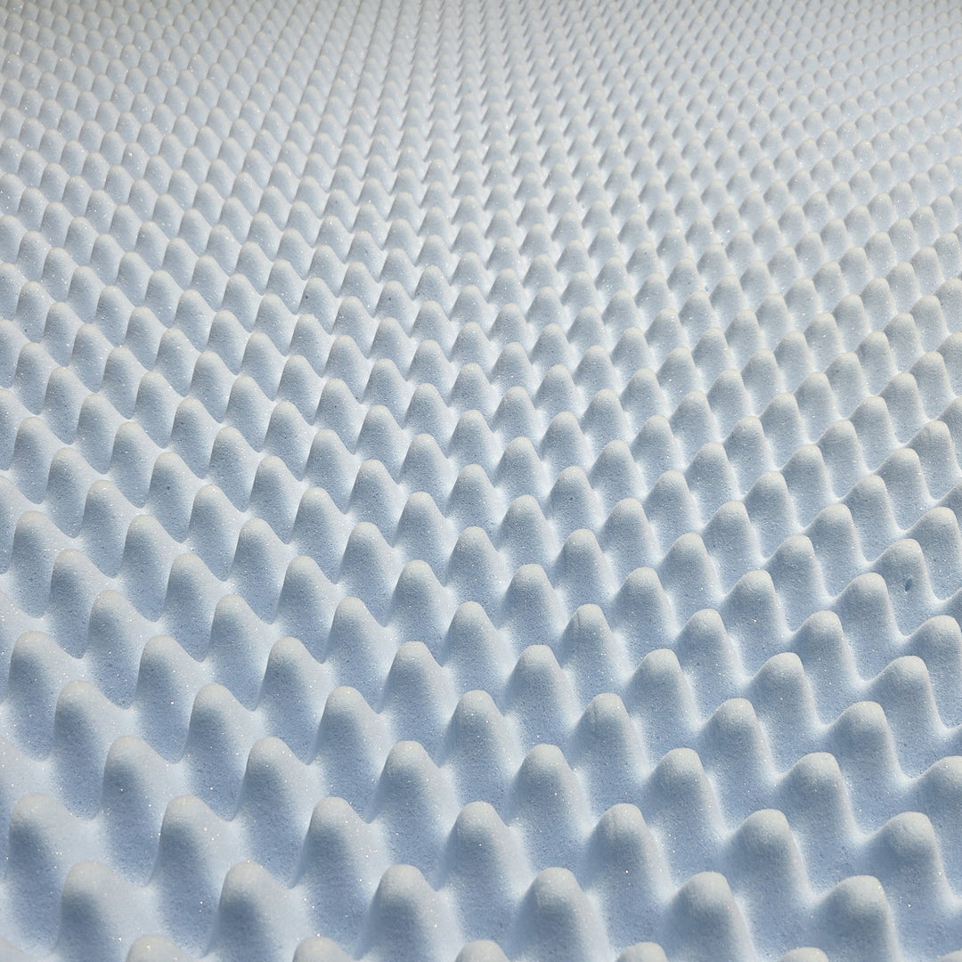 Top-down view of blue egg crate foam replacement topper for Sleep Number FlexTop split-head beds