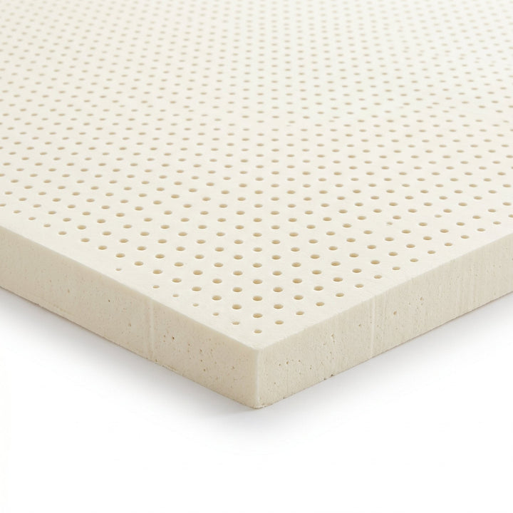 Corner detail of King Split Head Flex Top natural Dunlop latex replacement foam for Sleep Number FlexTop beds, showing molded pinhole aeration