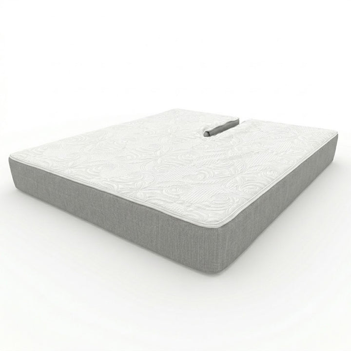 Sleep Number split head Flex Top smooth top replacement cover at an angle, quilted stretch knit top with gray woven sides and a split at the head