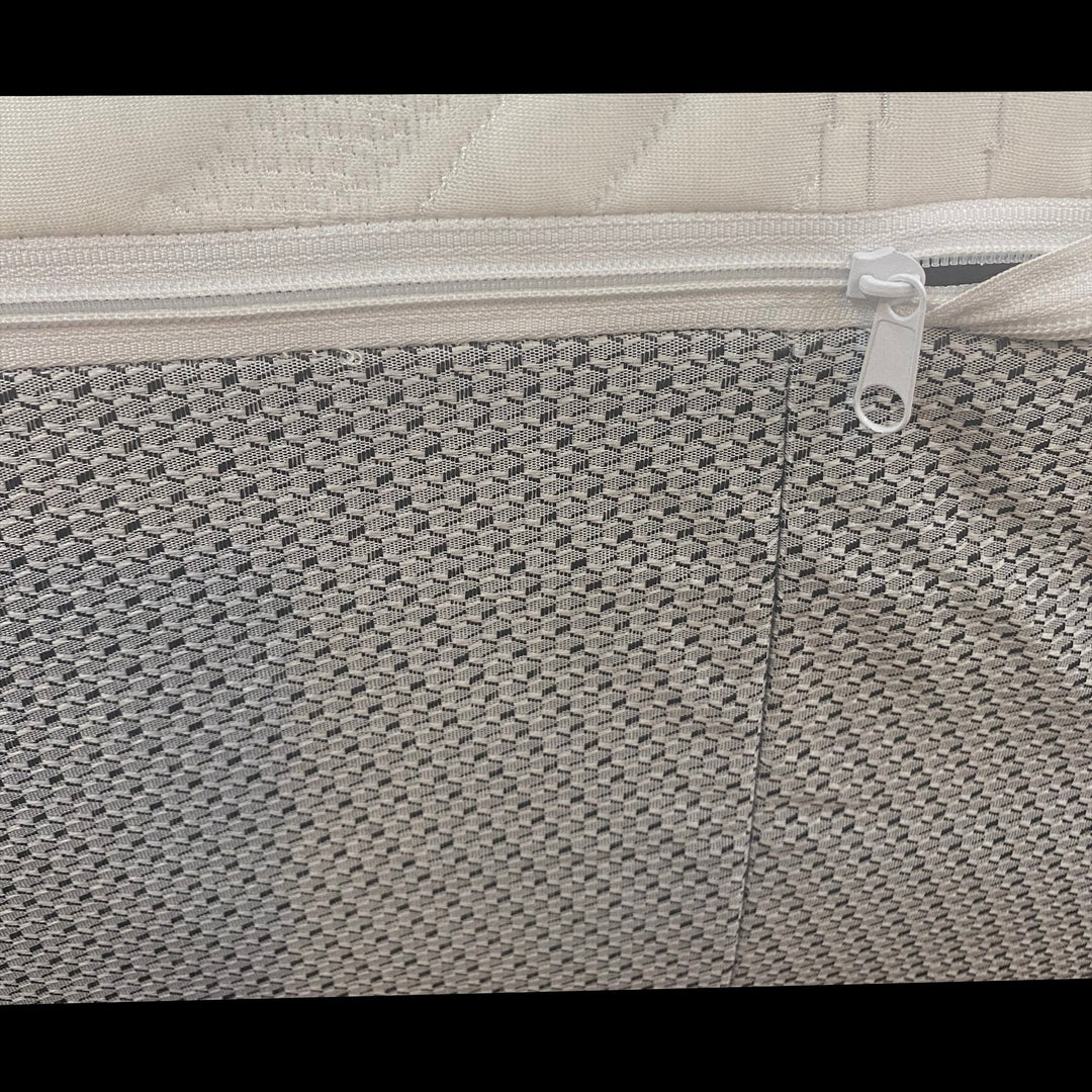 Close-up of the single zipper pull and gray woven side panel on the Sleep Number smooth top replacement cover