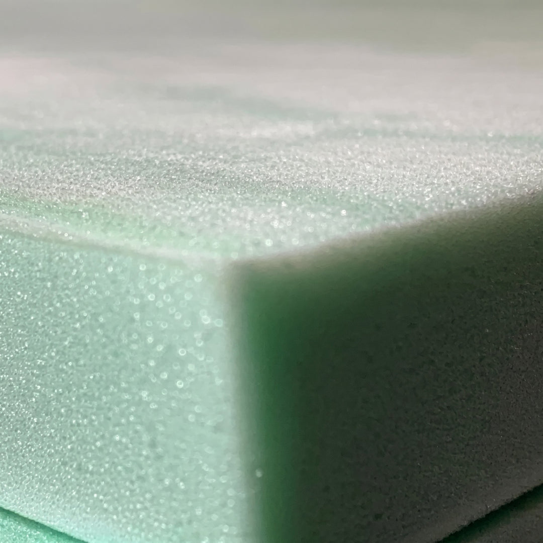 Corner of replacement gel memory foam for Sleep Number beds, cooler-sleeping 4 lb density with open-cell texture