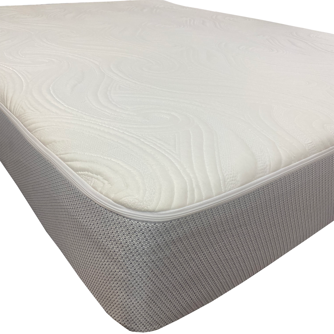 Corner view of smooth top Sleep Number bed cover showing stretch knit fabric and side panel construction