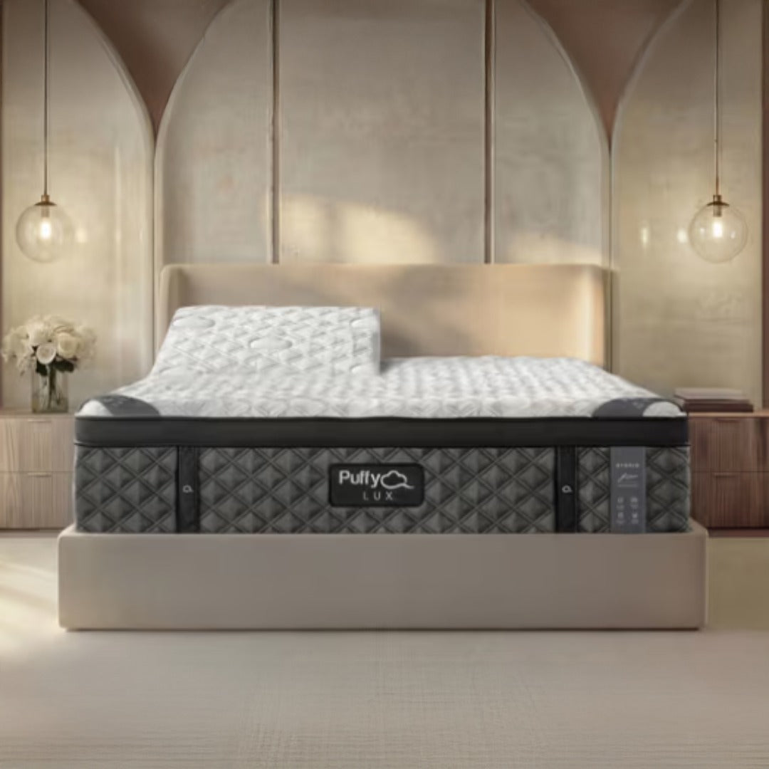 Side view of Split Head Puffy Lux mattress displaying flex top functionality for adjustable bases